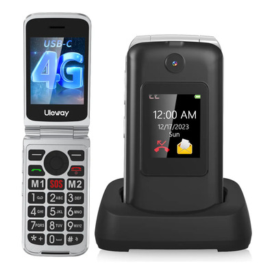 Uleway Teléfono Móvil Flip Para Adultos Mayores, 4g Lte, Nano Dual Sim, Botón Sos, Larga Espera, Botones Grandes, Linterna, Cámara, Fm, Usb-c, Base, Doble Pantalla 1,7+2,8 Pulgadas, Negro | Meses sin interés