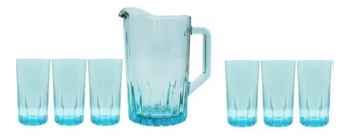 Set Jarra Para Agua Con 6 Vasos Vidrio Crisa Kristalino Azul