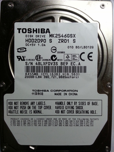 Disco Notebook Toshiba Mk2546gsx 250gb Sata -4 Recuperodatos