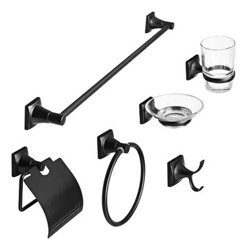 Set Baño Negro Mate 6 Piezas Base Cuadrada