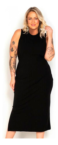 Vestido Plus Size Soltinho Midi Canelado Premium Fenda 