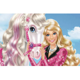 Fundo Fotográfico Em Tecido Barbie E Seu Cavalo 2,60x1,50.