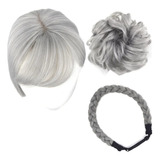 Kit Apliques D Cabelo Franja 3d +tiara Trança E Coque Grego 