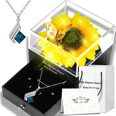 Flores De Girasoles Eterna con Luz LED y Collar de Zafiro, Girasol Eterno Regalo Elegante para Aniversario, Día Internacional de la Mujer 8 de Marzo, Cumpleaños y Celebraciones Especiales en Marzo | Meses sin interés