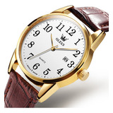 Relógio Masculino Casual Olevs Dourado Pulseira De Couro Cor Da Correia Marrom Cor Do Fundo Branco