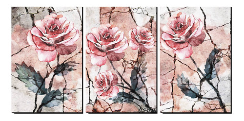 Cuadro Decorativo Triptico Flores Rosado Vintage