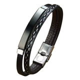 Pulsera Doble Cuero Negro Dije  Acero Negro Elegante 