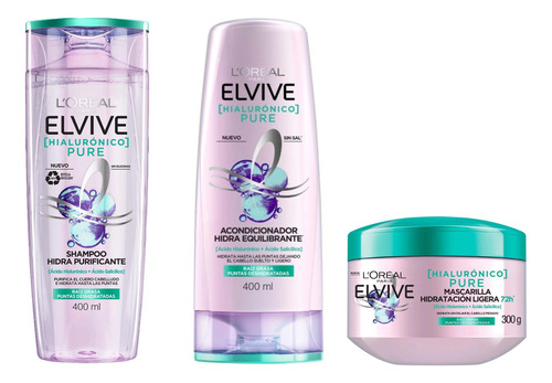 Kit Elvive Hialuronico Pure Shampoo, Acondicionador, Mascara