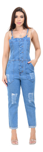 Macacão Jardineira Feminina Jeans Longo Luxo Tendência Verão