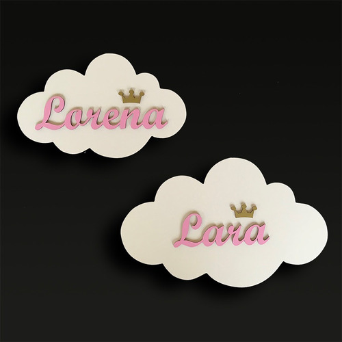 2 Nuvens Led Com Nomes Personalizados Em Mdf Branco 9mm