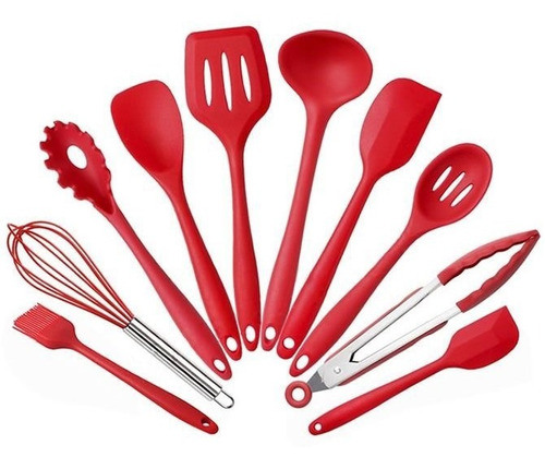 Jogo 10 Colheres De Silicone Cabo Inox Utensílios Cozinha