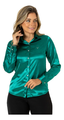 Camisa De Cetim Social Verde Escuro Ivy Chic Premium Linda