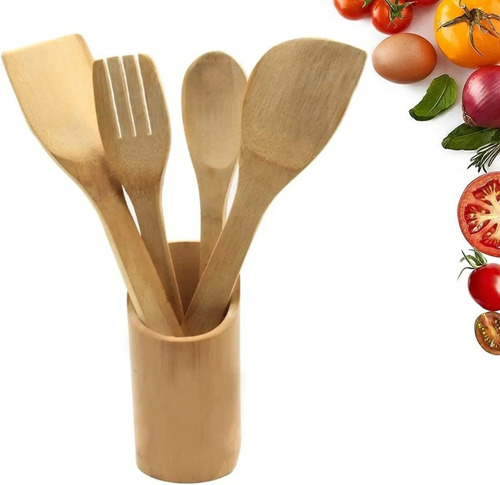 Set Por 4 Utensillos De Cocina Cucharas De Madera Palo