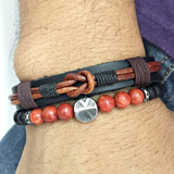 Pulseira Masculina Couro Pedras Onix Matte E Coral Fecho Ima