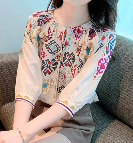 Camisa Blusa Social Feminina Elegante Vintage Estampada Jl77