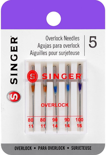 Agujas Singer® 2022 Para Máquina Overlock Pack 5 Unidades Color Pack 2022 80/11, 90/14, 100/16 Overlock