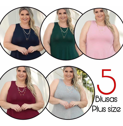 Kit Com 5 Blusas Plus Size Regata Elegante Feminina Atacado