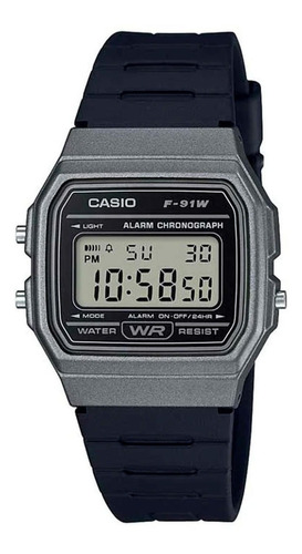 Reloj De Pulsera Casio Collection F-91wg-9qdf-sc De Cuerpo Color Plateado, Digital, Para Hombre, Fondo Gris, Con Correa De Resina Color Negro, Dial Negro, Minutero/segundero Negro, Bisel Color Platead