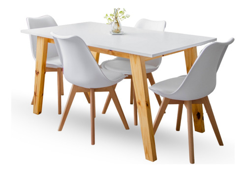 Juego Comedor Nórdico Mesa Madera 140x80 + 4 Sillas Tulip