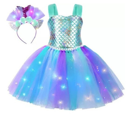 Vestido Conjunto Disfraz Sirenita Niña Tutú Tul+led