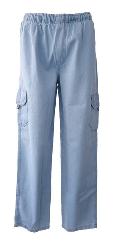 Calça Cargo Jeans Azul Claro Elástico E Cordão Na Cintura