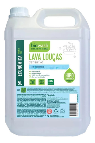 Detergente Lava Louças Sensitive Biodegradável 5l - Biowash