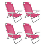 Kit Cadeiras De Praia Alumínio Reforçada Reclinável Rosa Mor