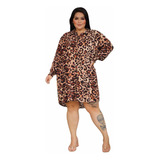 Vestido Chemise Em Viscose Oncinha Manga Longa Animal Print