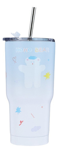 Miniso Vaso Térmico Tapa Y Popote Bear Acero Inoxidable 580m Color Azul