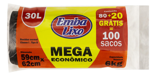 Saco Para Lixo 30l Embalixo 80 Unidades Grátis 20 Unidades Mega Econômico