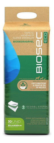 Tapete Higiênico Biodegrável Biosec Eco 80x60cm 30 Unidades