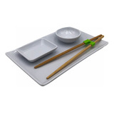 Set Para Sushi Melamina 5 Piezas Plato + 2 Dips Soja Wasabi 