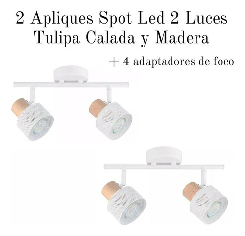 2 Apliques De 2 Luces Blanco Madera Apto Led + 4 Adaptadores