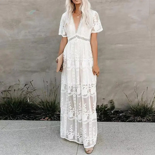 Maxi Vestido Blanco Largo Encaje Boda Fiesta Playa Casual | Meses sin interés