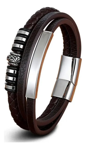 Pulsera Para Hombre Cuero Y Acero + Bolsa Regalo