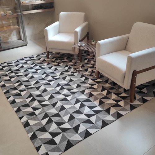 Tapete Para Sala Preto E Branco Geométrico 200x250cm Algodão