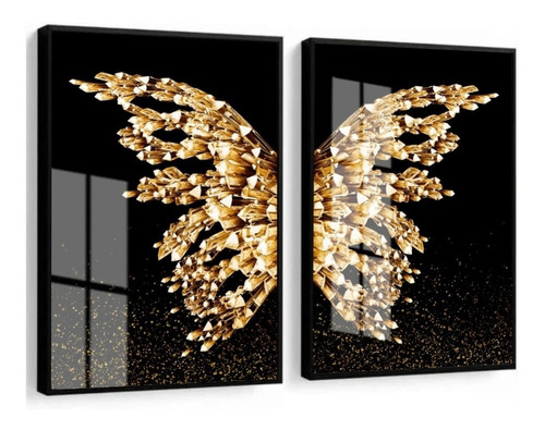 Quadro Decorativo Borboleta Asas Douradas Luxo Vidro 60x80