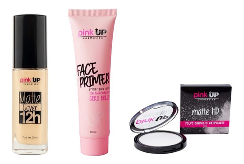 Maquillaje Matte Cover + Primer + Polvo  Matificante Pink Up