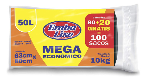 Saco De Lixo Preto Embalixo Com 50 Litros 100uni Econômico