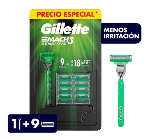 Gillette Cartuchos Mach3 Sensitive 9 Piezas Con Rastrillo