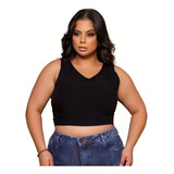 Blusa Cropped Plus Size Alfaiataria Costas Elástico Estica