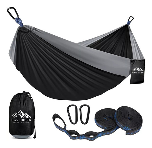 Hamaca Colgante Camping Hasliberg Mosqueton Correa Premium Color Negro Y Gris