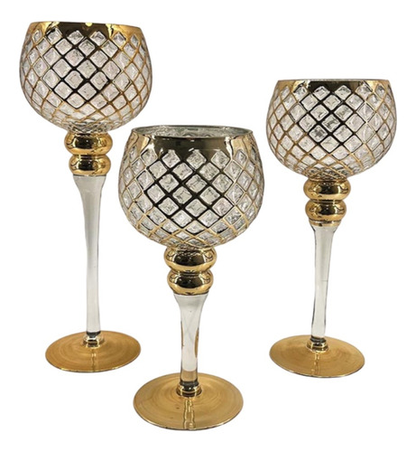 Set X3 Copas Candelabro Vidrio Rombos Dorado