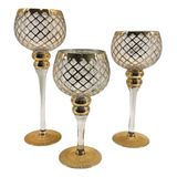 Set X3 Copas Candelabro Vidrio Rombos Dorado