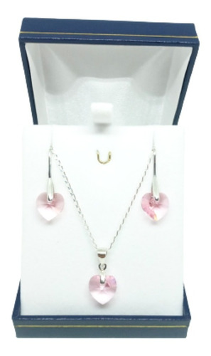 Conjunto De Plata Cristal Swarovski Corazón Rosado