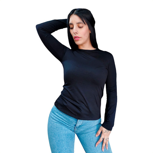 Remera Manga Larga Mujer Escote Cerrado Modal Con Lycra Mc