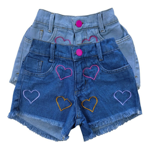 Kit 2 Shorts Jeans Bordados Feminino Infantil Bolsos Verão