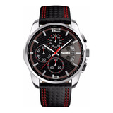 Reloj Pulsera Skmei 9106 De Cuerpo Color Plateado, Analógico, Para Hombre, Fondo Negro, Con Correa De Cuero Color Negro Y Rojo, Agujas Color Blanco Y Rojo, Dial Plateado, Subesferas Color Negro, Minut