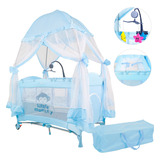 Corral Bebe Toldo Cuna Movil Musical Mosquitero Plegable Color Azul Diseño De La Tela Liso