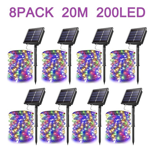 8pack 20m Tira De Luz Navideña 200led Luces Solares Al Aire